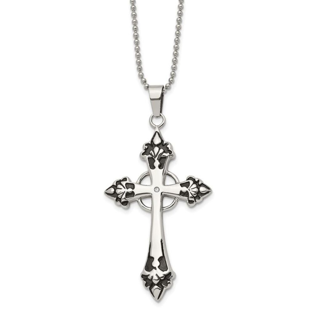 Stainless Steel Black Enamel & Diamond Celtic Cross Necklace - 24 Inch